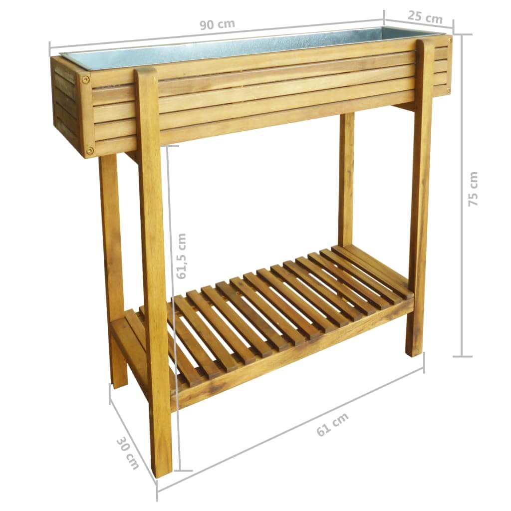 Raised garden bed made of solid acacia wood with zinc liner, featuring a rustic design and slatted shelf for plants.