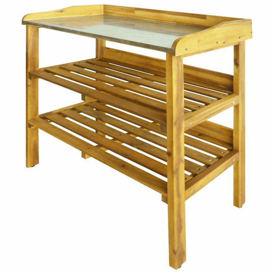 Potting Bench with 2 Shelves Solid Acacia Wood and Zinc designed for planting and as a decorative plant stand.