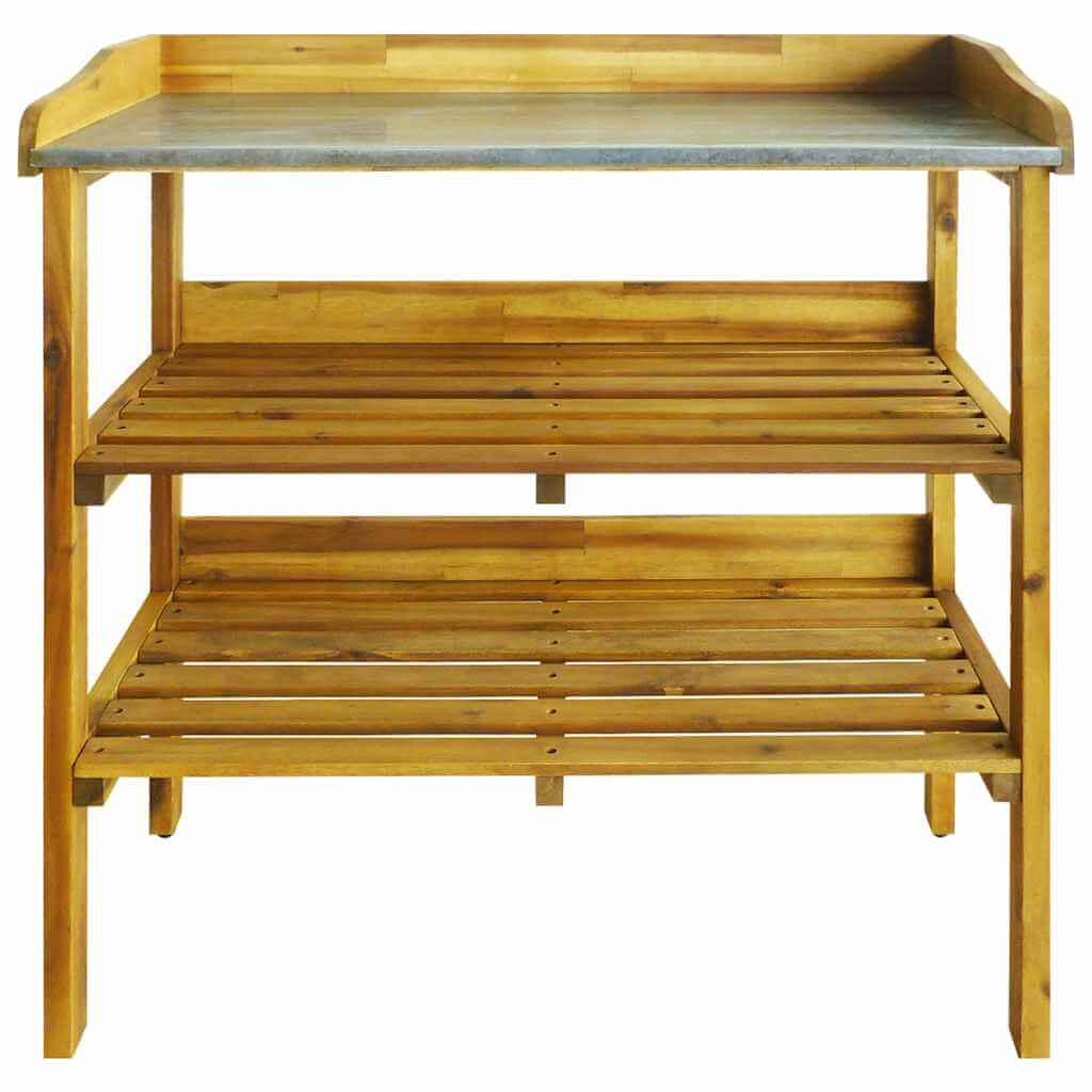 Potting Bench with 2 Shelves Solid Acacia Wood and Zinc, featuring a rustic design and sturdy shelves for gardening.