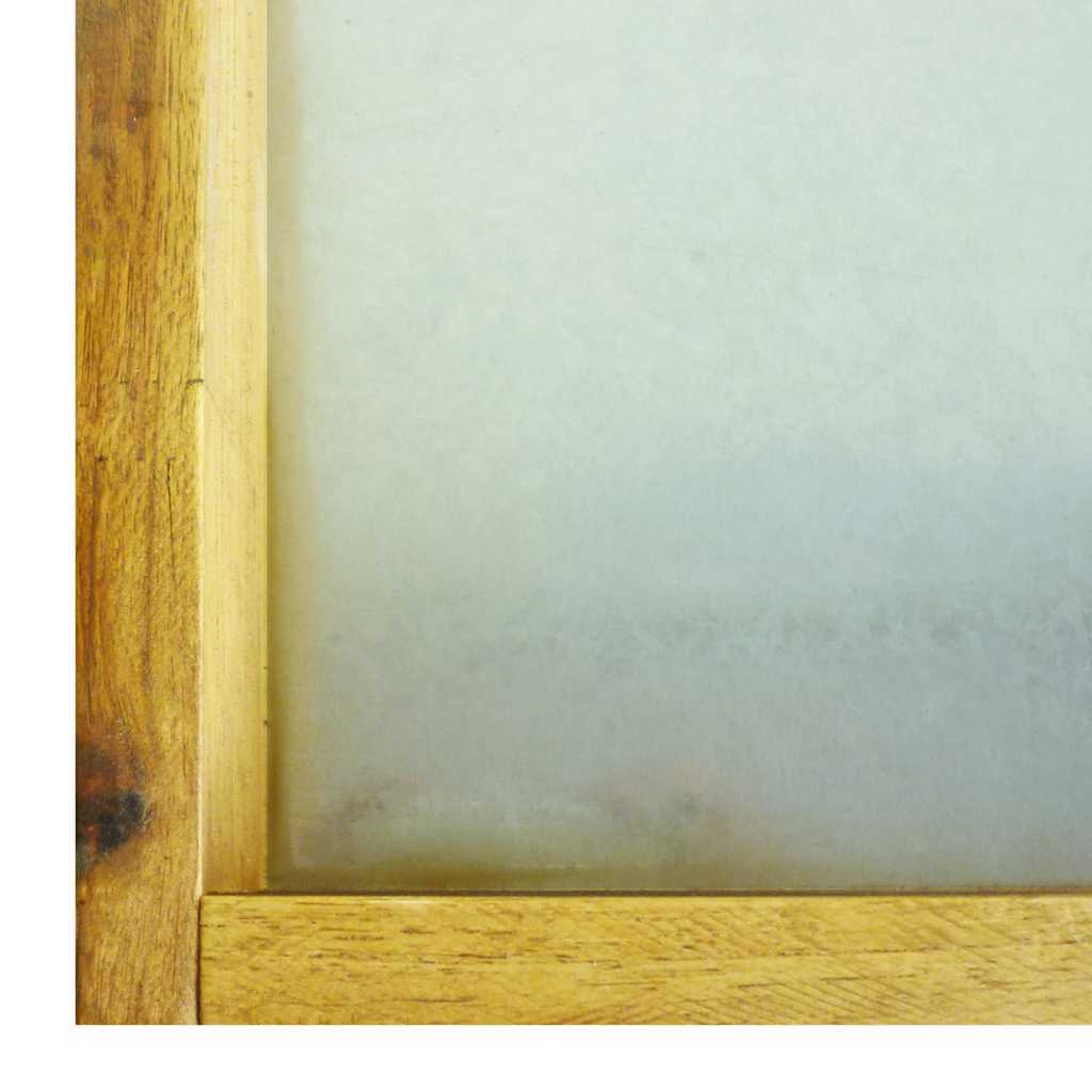 Close-up of Potting Bench with 2 Shelves Solid Acacia Wood and Zinc showing the wooden frame and frosted surface.