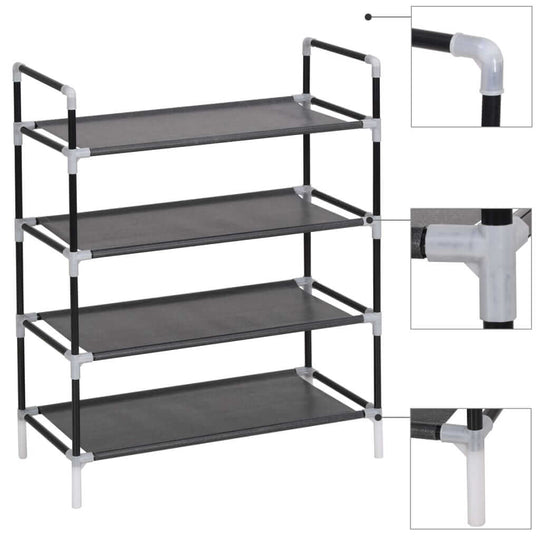 Minimalistic black shoe rack with 4 non-woven fabric shelves and sturdy tubular metal frame for organized storage.