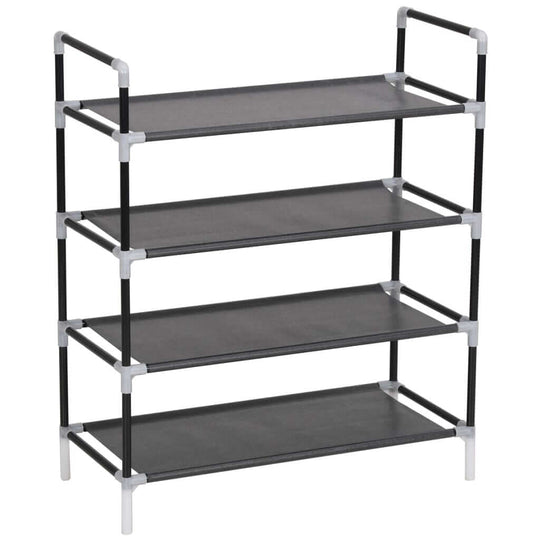 Black metal shoe rack with four non-woven fabric shelves for organized storage and easy assembly.