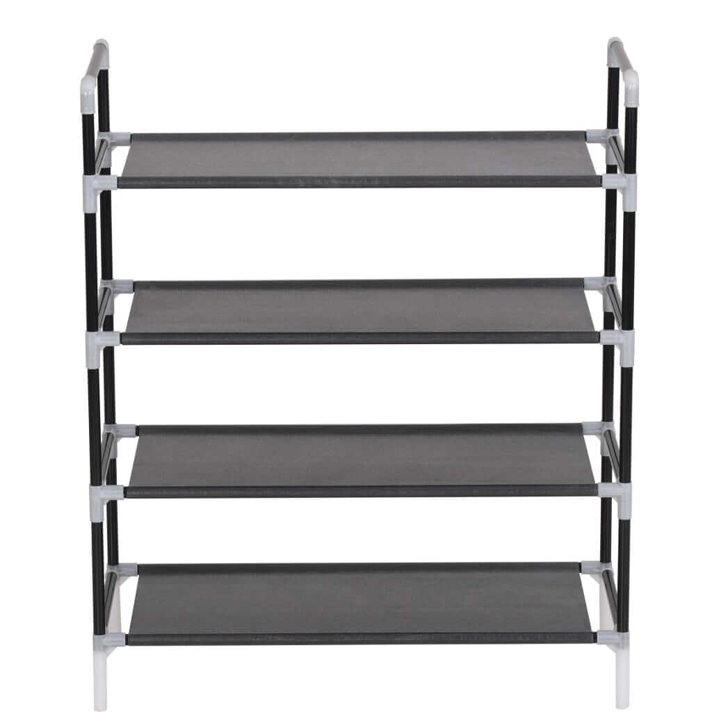 Minimalistic black shoe rack with 4 shelves, featuring a sturdy metal frame and non-woven fabric for organized storage.