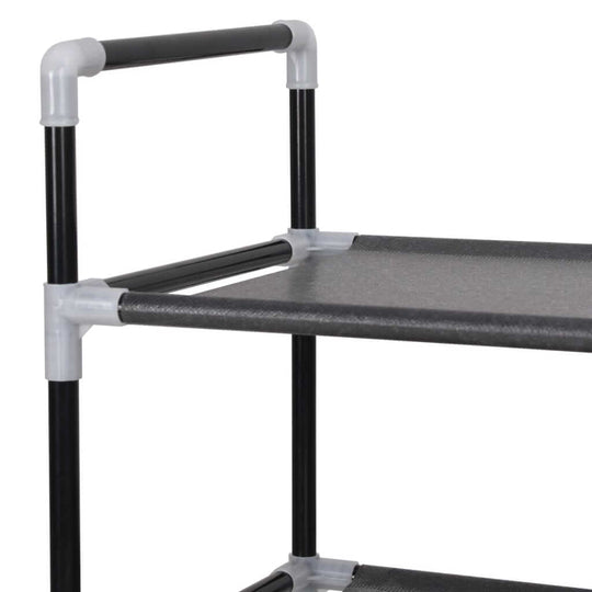 Close-up of a black metal shoe rack with non-woven fabric shelves, highlighting sturdy frame and easy-assembly design.