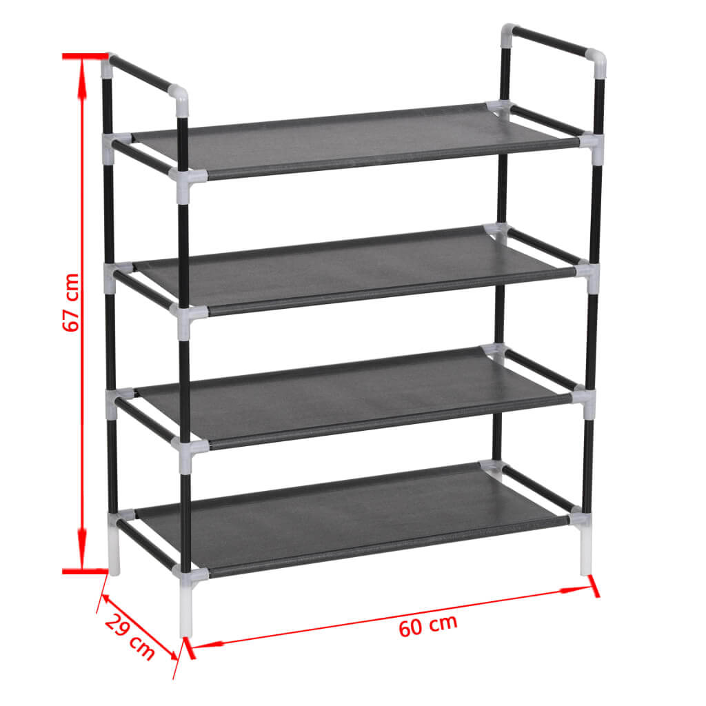 Minimalistic black shoe rack with 4 non-woven fabric shelves and a sturdy metal frame, dimensions labeled for easy reference.