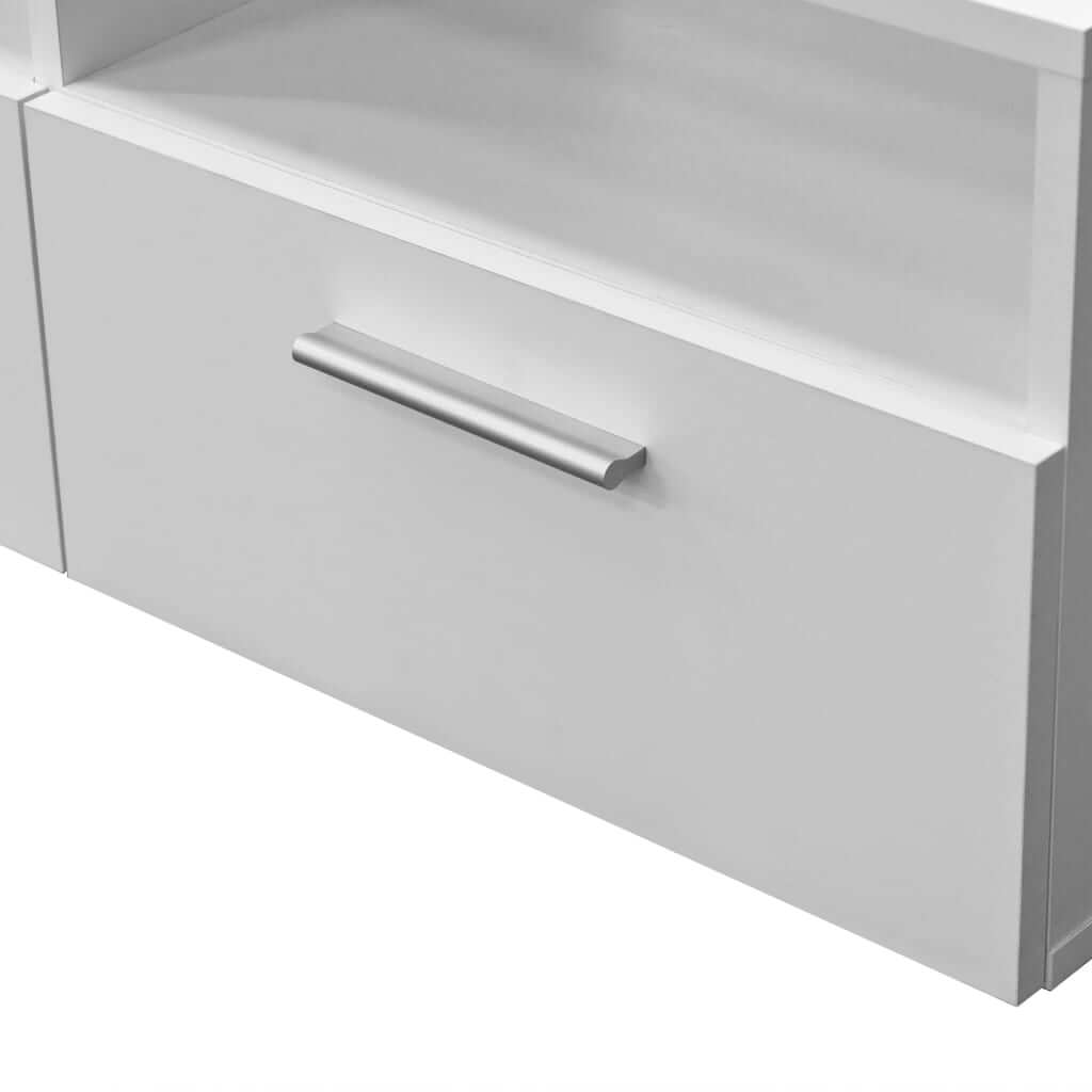 Close-up of a white TV cabinet drawer with a sleek silver handle, showcasing modern furniture design.