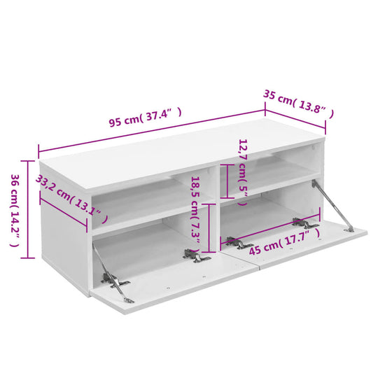 Modern engineered wood TV cabinet in white with measurements 95x35x36cm, featuring shelves and storage cabinets.