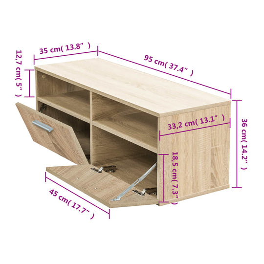 Oak TV cabinet in engineered wood with dimensions 95x35x36 cm featuring open shelves and downward-opening cabinets.