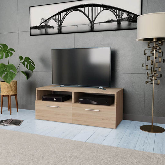 Modern oak TV cabinet with engineered wood, featuring open shelves and cabinets, perfect for living room or bedroom setup.