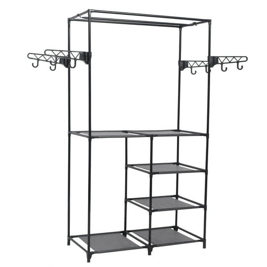 Minimalistic black clothes rack with steel frame and non-woven fabric shelves for organized storage in bedroom or bathroom.