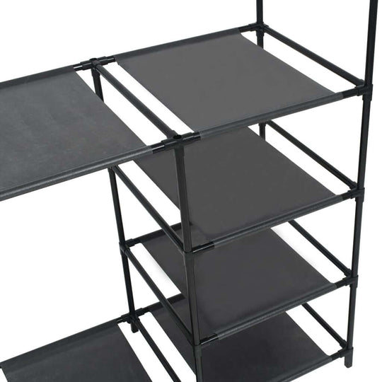 Minimalistic black clothes rack with non-woven fabric shelves, perfect for organizing bags and small items in any space.