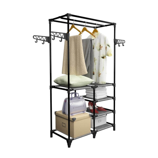 Minimalistic black clothes rack with steel frame and non-woven fabric shelves, ideal for bedroom or bathroom storage.