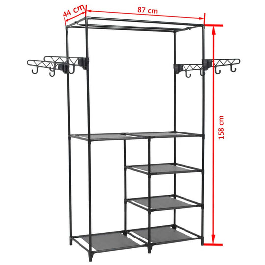 Minimalistic black clothes rack with steel frame and non-woven fabric shelves, dimensions 87x44x158 cm, ideal for storage.