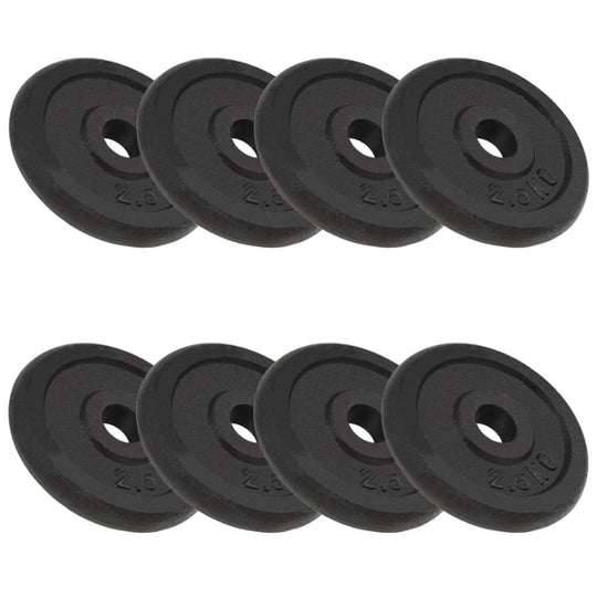 Set of 8 cast iron weight plates, each 2.5 kg, ideal for barbell and dumbbell workouts, featuring a durable black finish.