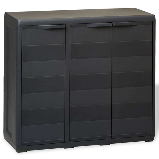 Garden storage cabinet with 2 shelves in black, ideal for organizing outdoor supplies and tools, durable polypropylene design.