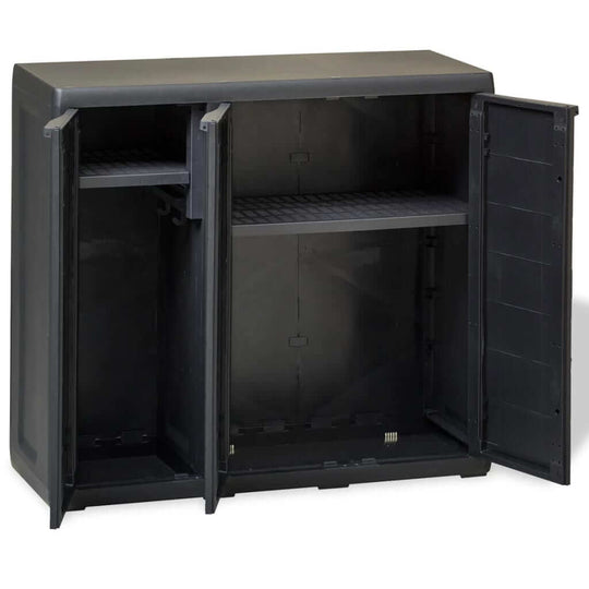 Black garden storage cabinet with 2 adjustable shelves, suitable for organizing outdoor supplies and tools.