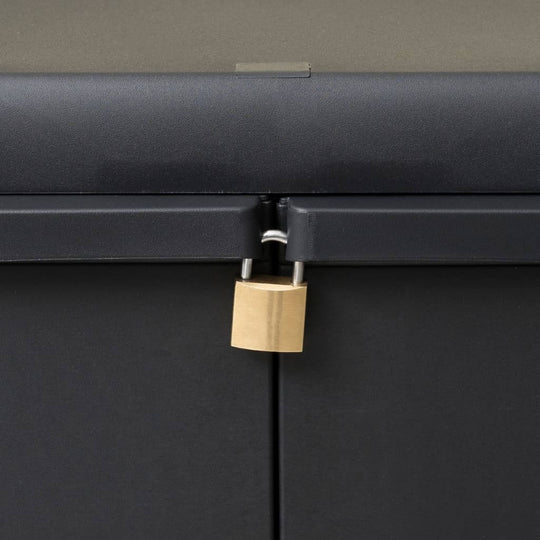 Close-up of a black garden storage cabinet with a secured padlock for added security and protection of stored items.