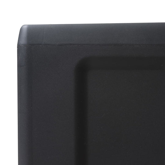 Close-up of the black polypropylene corner of the garden storage cabinet, showcasing its durable design and seamless finish.