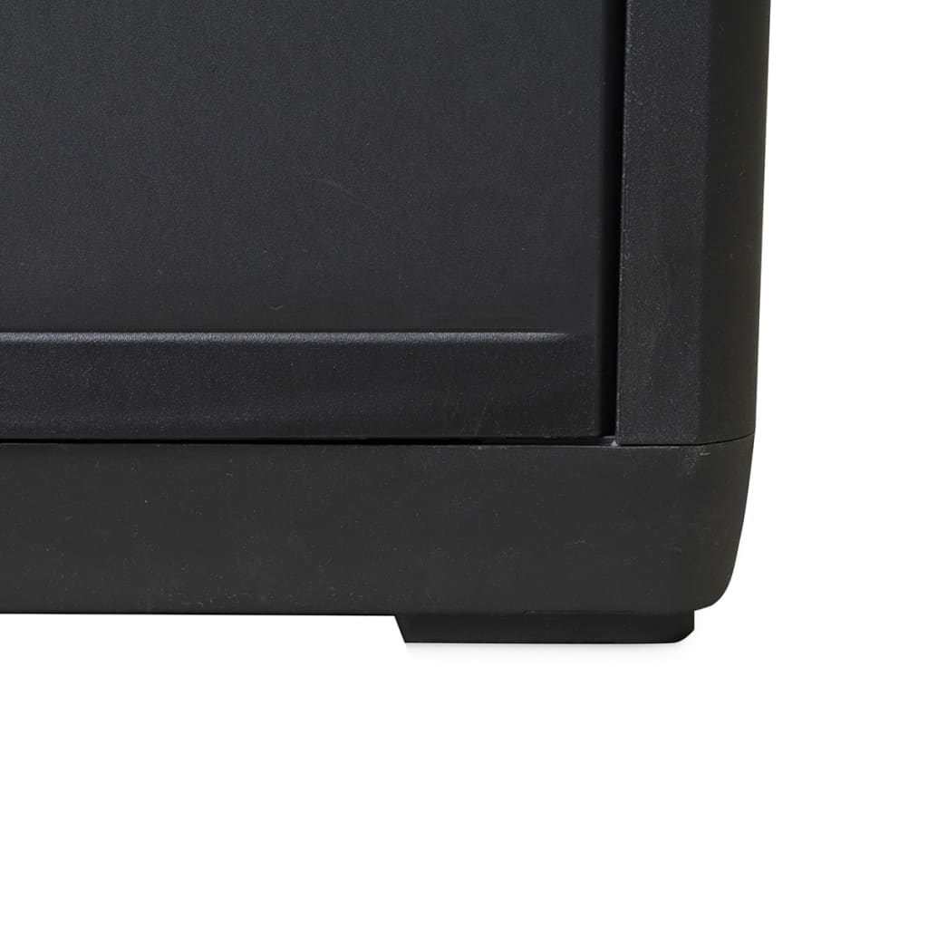 Close-up of the sturdy base of a black garden storage cabinet made of durable polypropylene, showcasing its quality design.