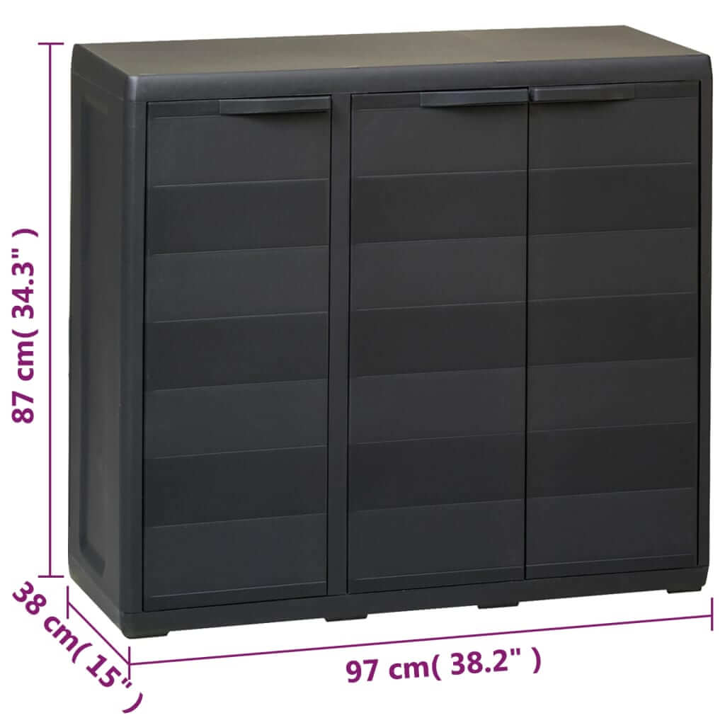 Black garden storage cabinet with two adjustable shelves, TÜV-GS certified, ideal for outdoor furniture organization.