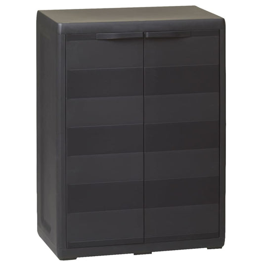 Black garden storage cabinet with adjustable shelf for outdoor organization and decor. Ideal for tools and household supplies.