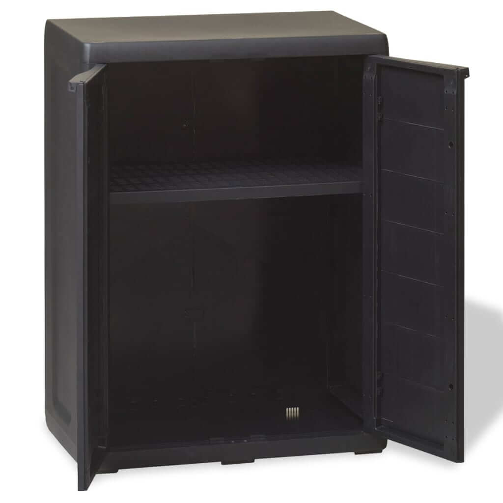 Black garden storage cabinet with two doors and one adjustable shelf, ideal for organizing outdoor supplies and tools.