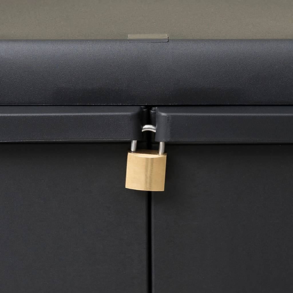 Close-up of the lock on a black garden storage cabinet, ensuring secure outdoor furniture storage.