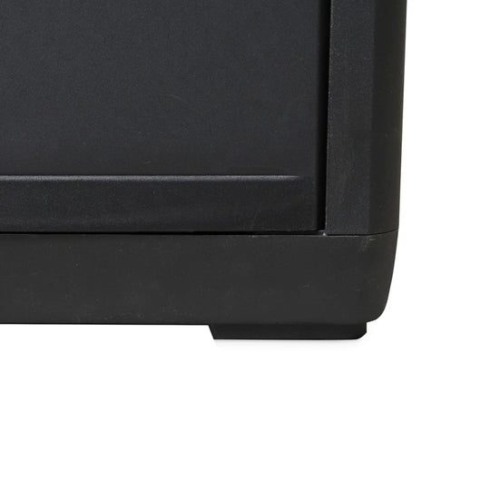 Close-up of black garden storage cabinet showcasing sturdy polypropylene material and sleek design. Perfect for outdoor furniture organization.