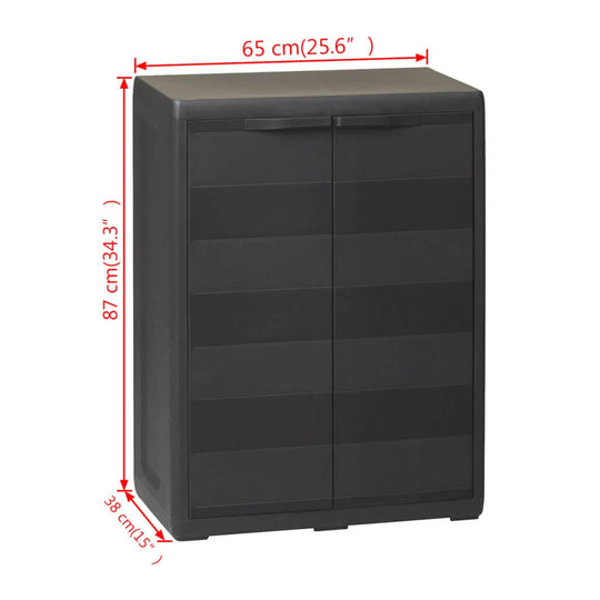 Garden storage cabinet in black with adjustable shelf, dimensions 65x87x38 cm, ideal for outdoor furniture organization.