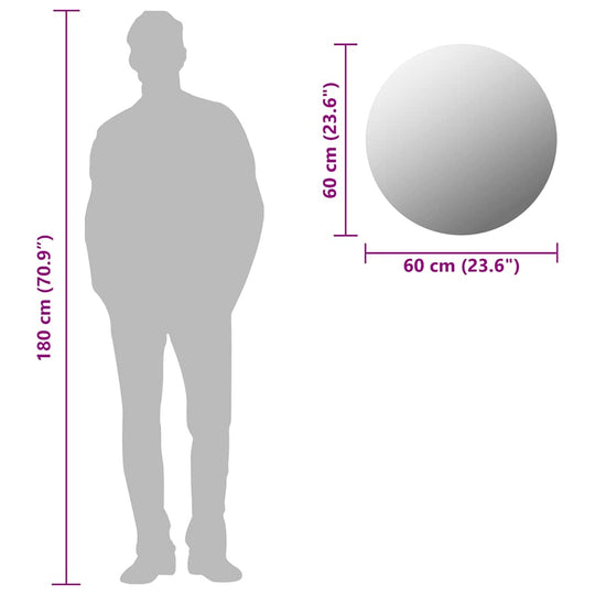 60 cm round wall mirror dimensions shown with human silhouette for scale, ideal for minimalistic home decor.