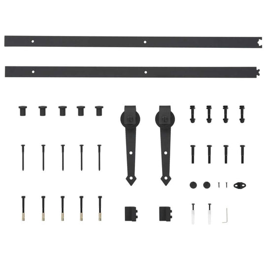 Sliding door hardware kit components including black tracks, rollers, and mounting accessories for effortless installation.