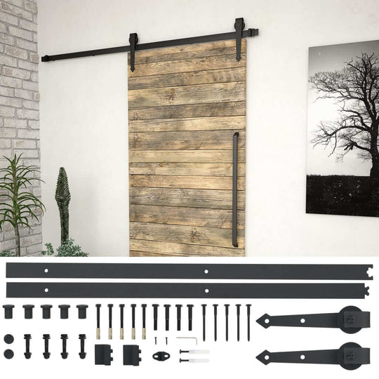 Sliding door hardware kit featuring black steel rails and accessories, ideal for modern furniture and decor, 183 cm length.