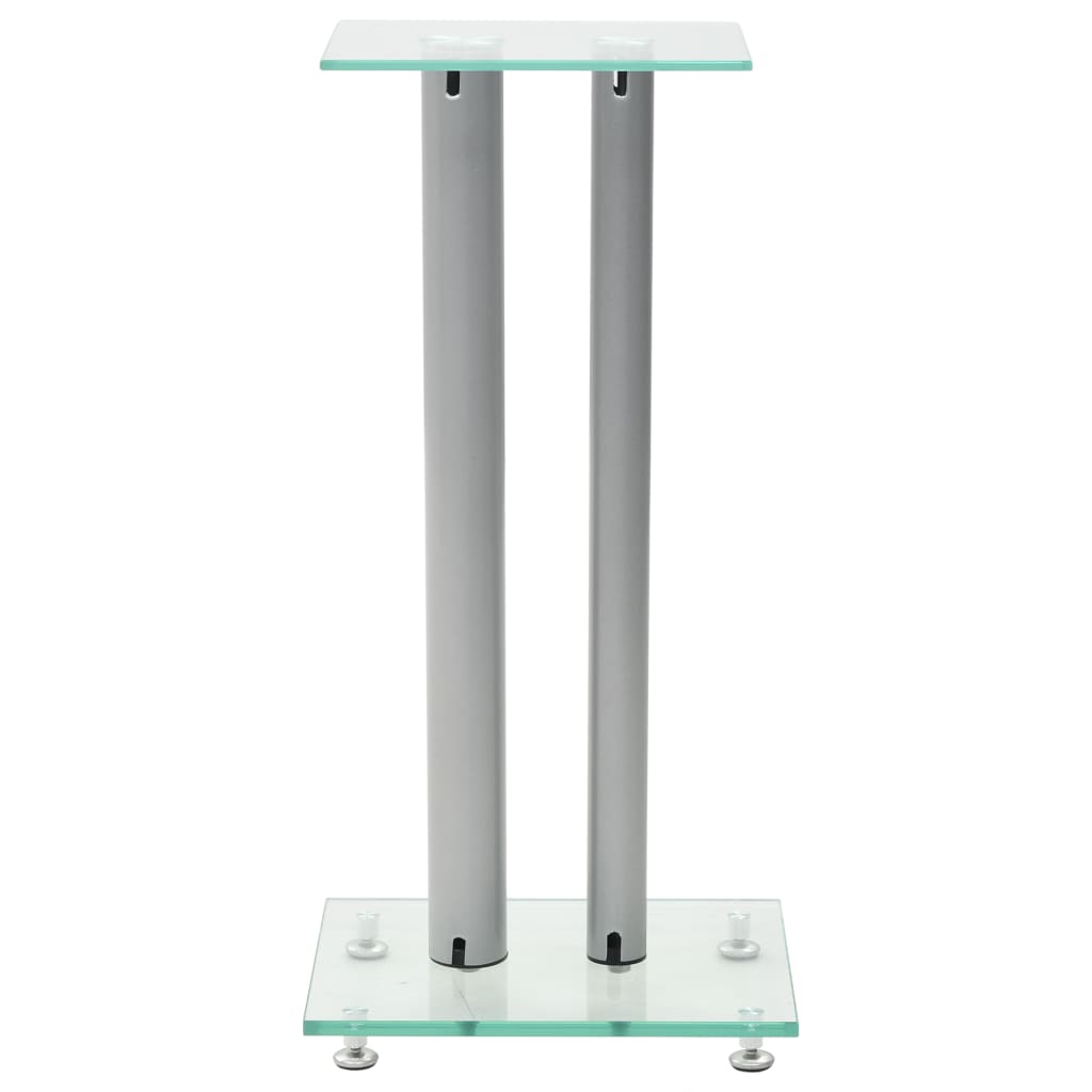 Speaker stand with tempered glass top and silver aluminum pillars, designed for stability and modern interior decor.