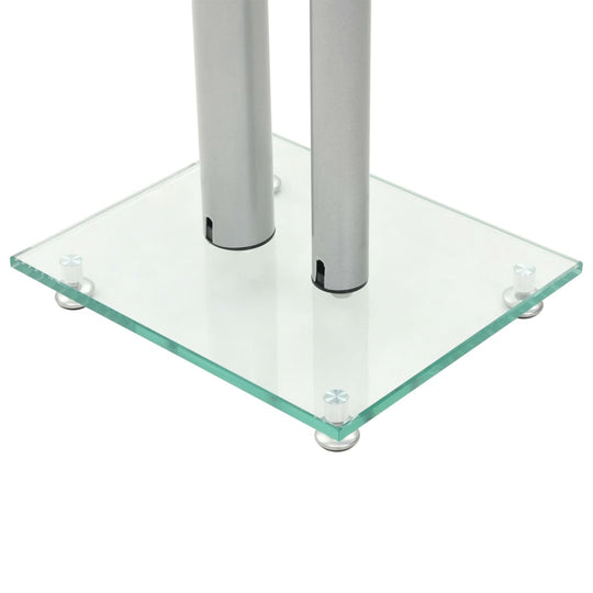 Speaker stands featuring tempered glass base and silver aluminum pillars for stability and modern design.