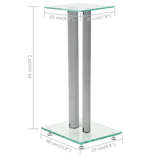 Speaker stand features tempered glass and aluminum design, measuring 61 cm in height, perfect for any sound system setup.