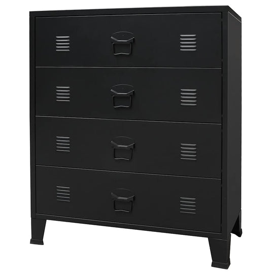 Industrial style metal chest of drawers, 78x40x93 cm, featuring four large drawers for storage in a sleek, decorative design.