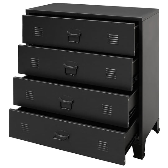 Industrial style black metal chest of drawers with four open drawers, measuring 78x40x93 cm, ideal for modern decor and practical storage.