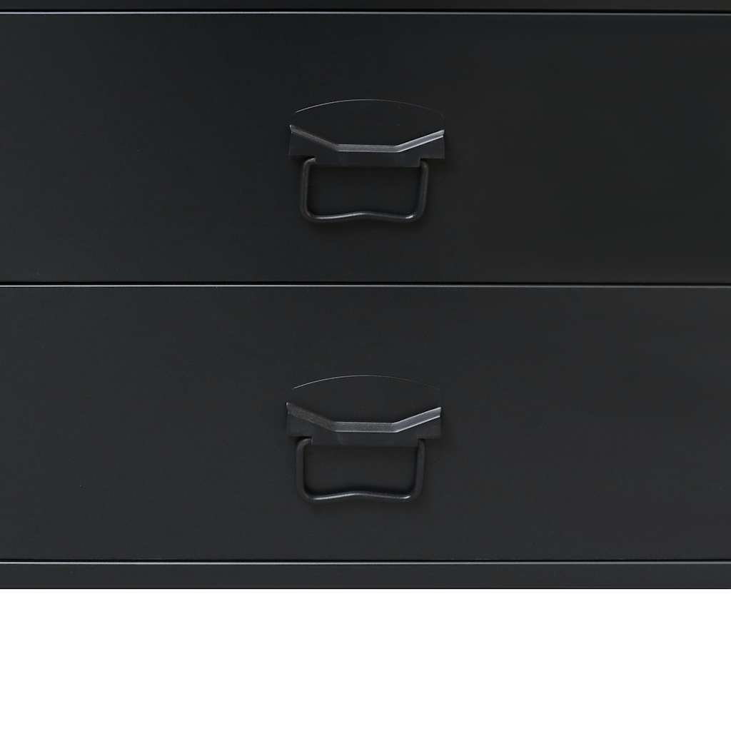 Close-up of industrial style metal chest of drawers, featuring sleek handles and modern design in dark finish.