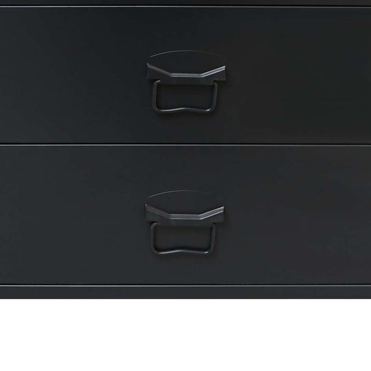 Close-up of industrial style metal chest of drawers, featuring sleek handles and modern design in dark finish.