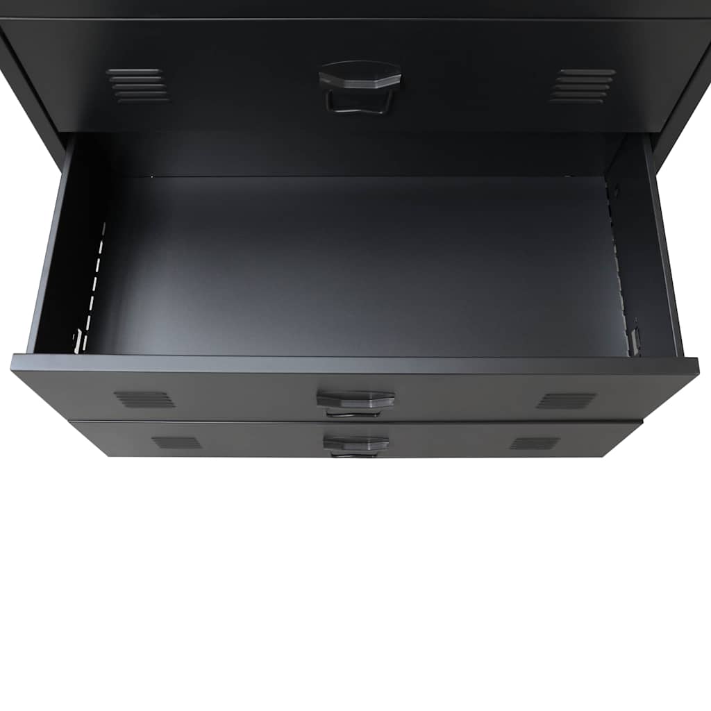 Open drawer of industrial style metal chest for storage, 78x40x93 cm, showcasing ample space for home organization.