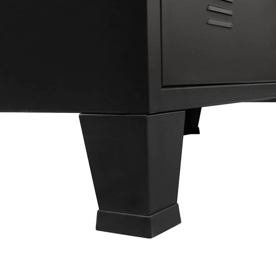 Close-up of black metal leg on industrial style chest of drawers, showcasing durable construction and sleek design.