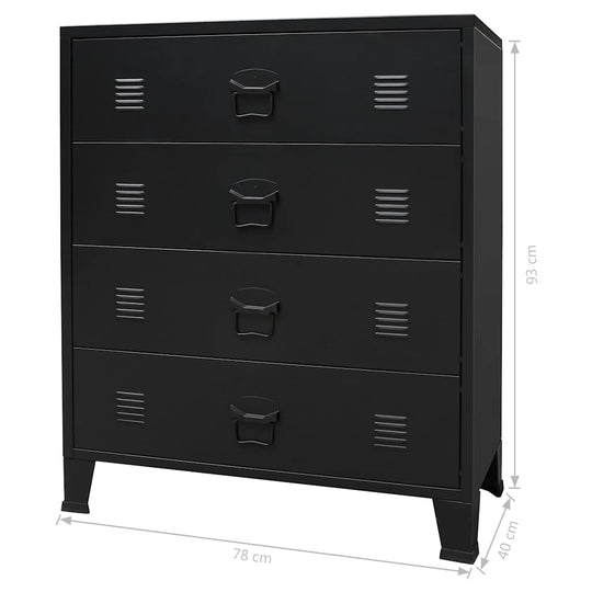 Industrial style metal chest of drawers with 4 large storage drawers, 78x40x93 cm, ideal for modern home decor.