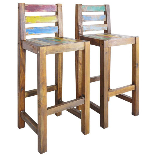 Vintage-style reclaimed wood bar stools set for outdoor furniture, perfect for patios and garden lounge spaces.