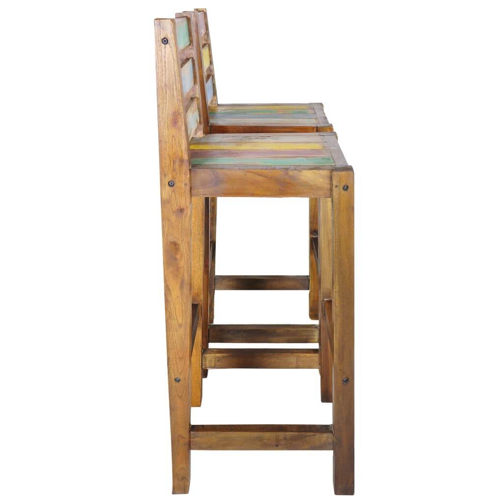 Set of 2 vintage reclaimed wood bar stools, ideal for outdoor patio and garden furniture, adding rustic charm to any space.