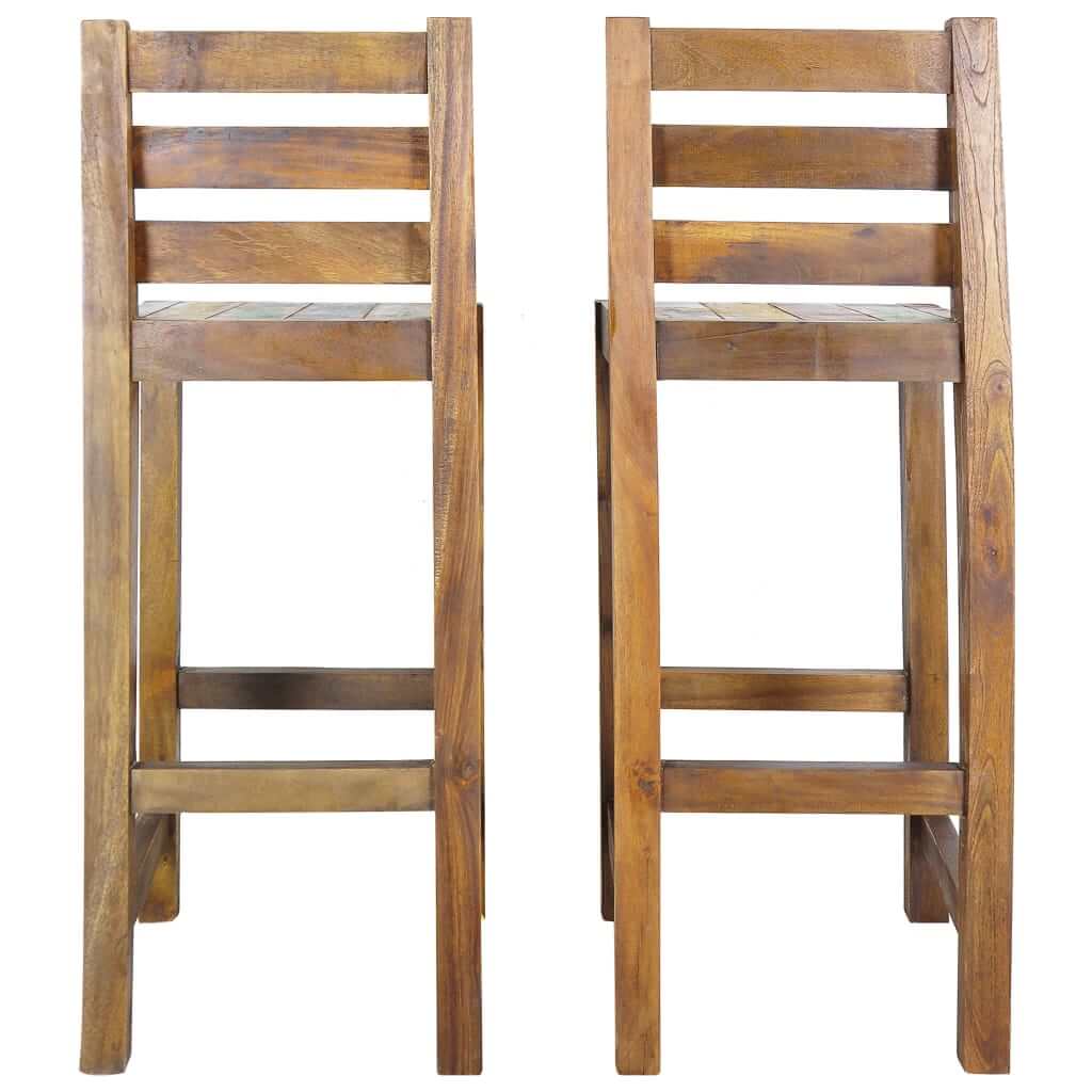 Vintage-style bar stools made of solid reclaimed wood, perfect for outdoor living space and patio furniture.