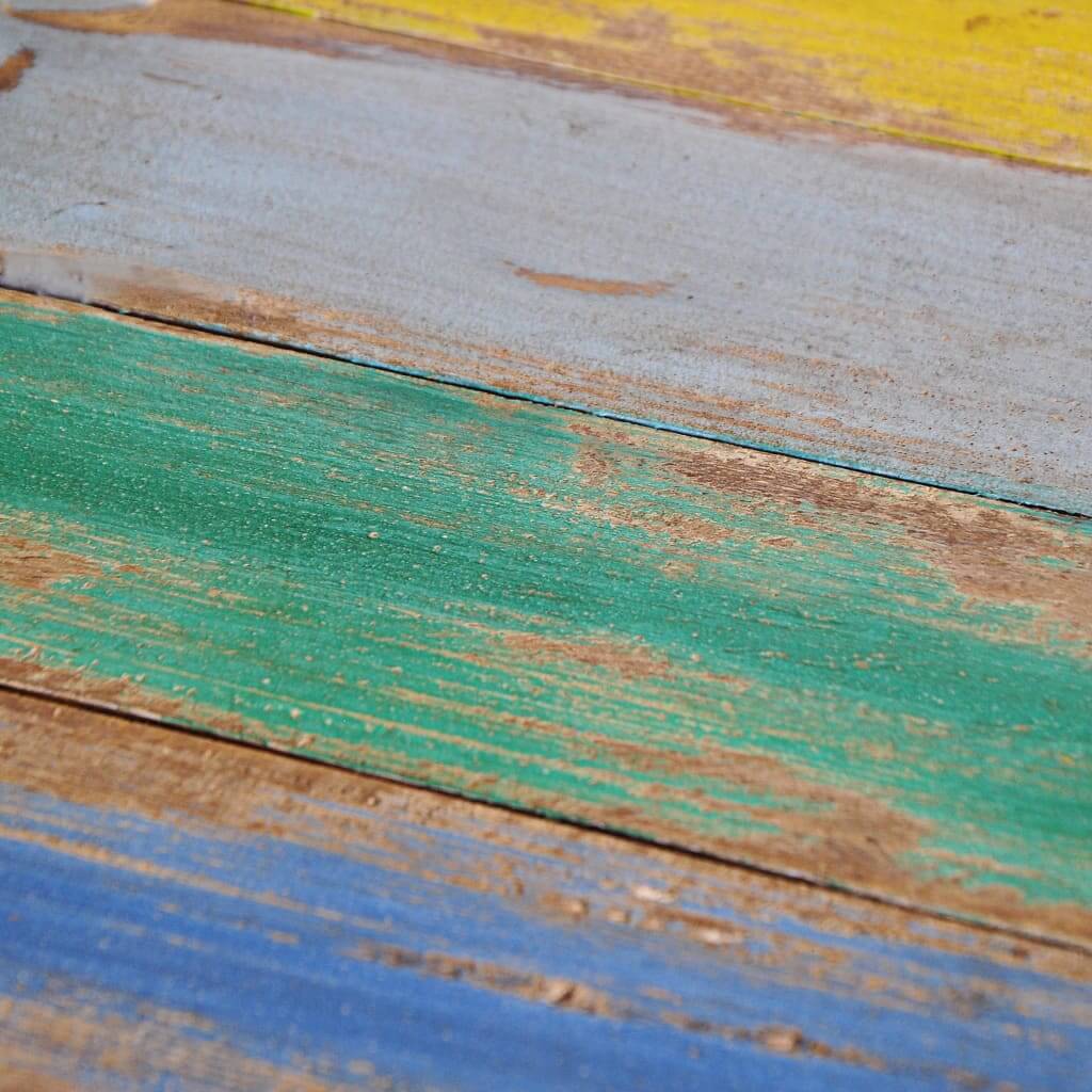 close-up of colorful reclaimed wood planks, showcasing vibrant greens, blues, and yellows, ideal for outdoor furniture design.