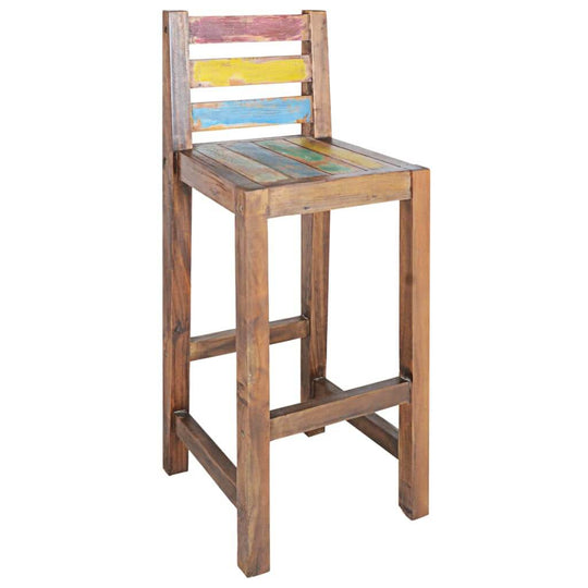 Vintage-style bar stool made from reclaimed wood, perfect for outdoor furniture and garden settings.