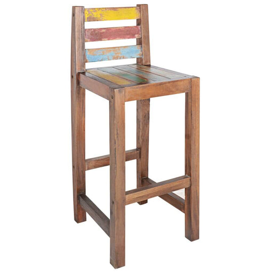 Vintage-style bar stool made of solid reclaimed wood, featuring colorful slats, perfect for outdoor and home patio furniture.