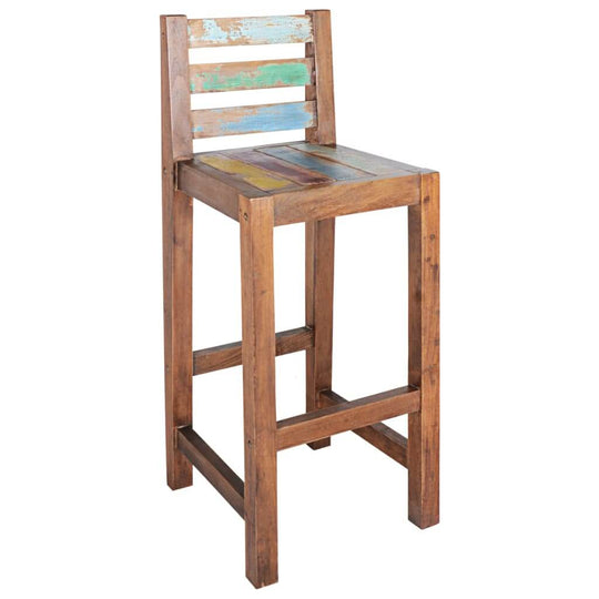 Vintage-style bar stool made of solid reclaimed wood, perfect for outdoor living spaces and home patio furniture.