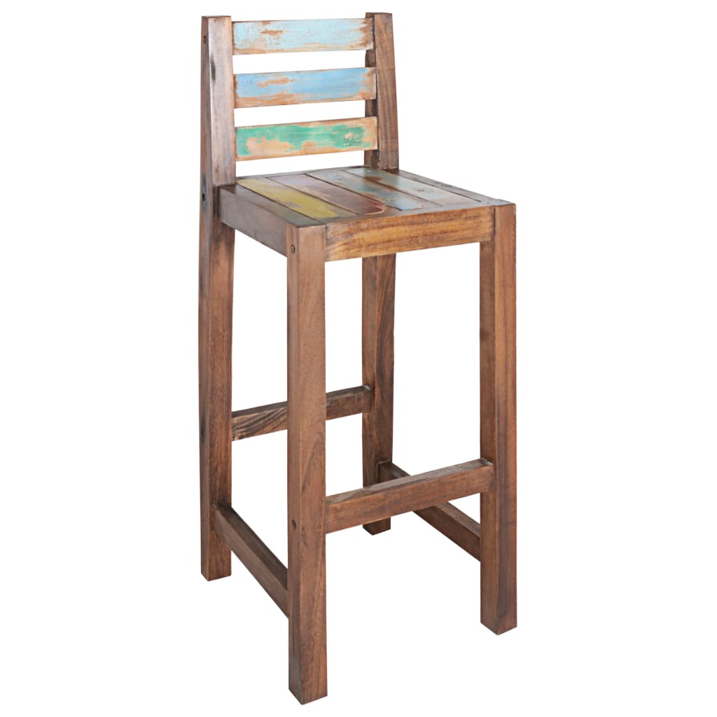 Vintage-style bar stool made from solid reclaimed wood, perfect for outdoor spaces or home patio furniture, with colorful slatted back.